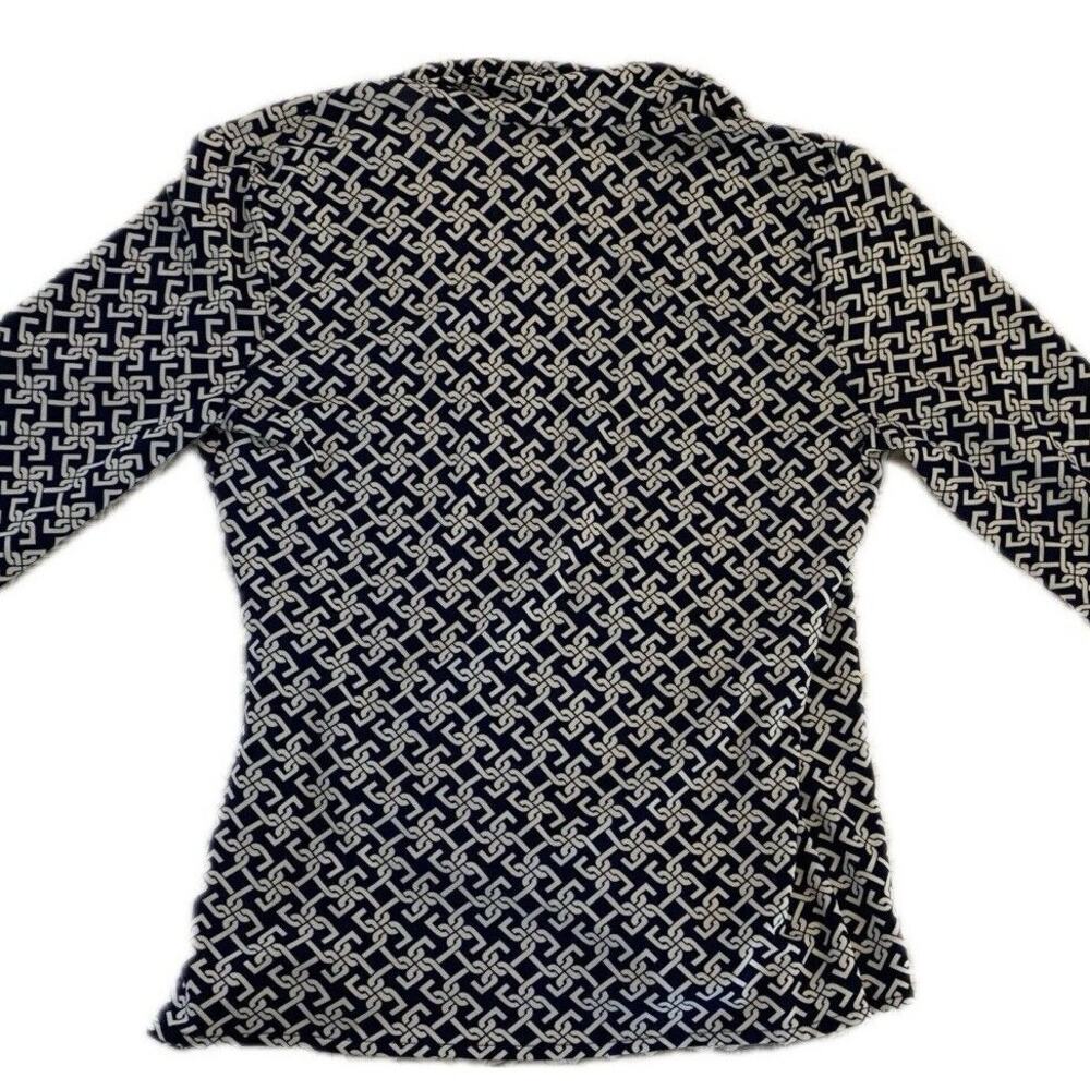 Talbots Faux Wrap 3/4 Sleeve Navy Chain Shirt Print Small Stretch Minimalist - Picture 5 of 12